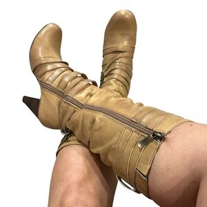 Two Lips Tan Vantage Slouchy Buckle Heeled Boots - Size 6.5
